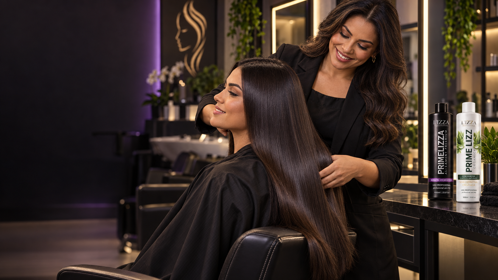 Cabeleireira acompanhando o resultado da Prime Lizza no cabelo da cliente, com os produtos ao lado